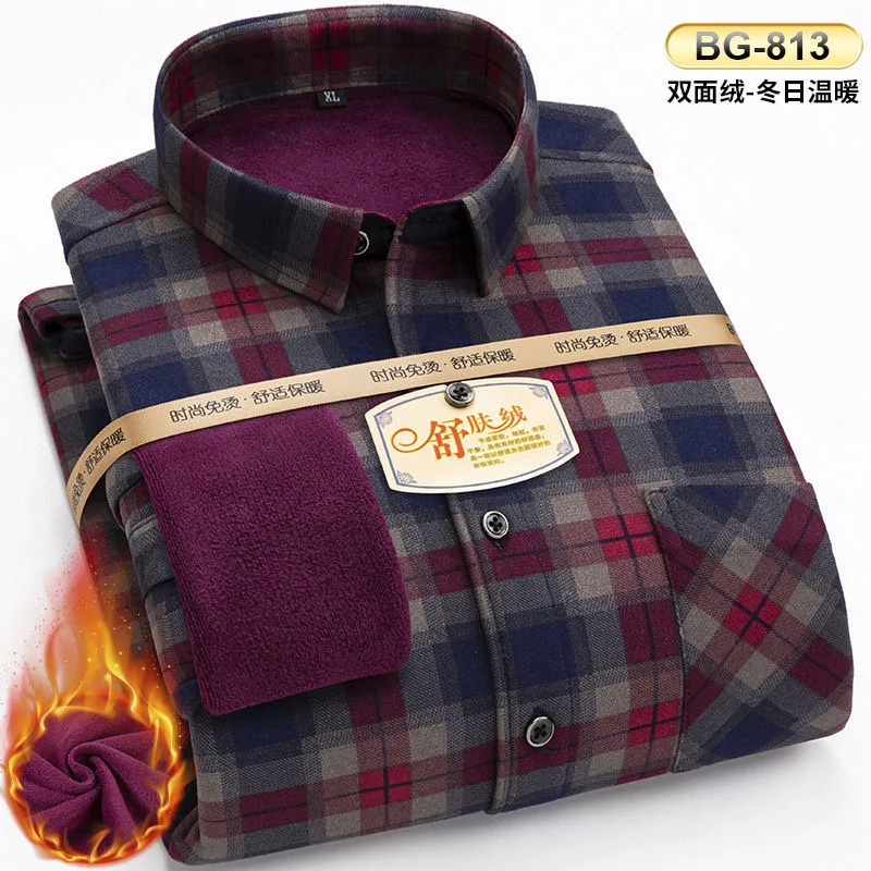 2022 Autumn and Winter New Men\'s Classic Fashion Wild Plaid Long-Sleeved Shirt Men\'s Plus Velvet Thick Warm Large Size Shirt