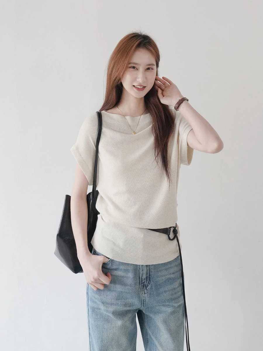 

mat Sle ort Sve Knitted Sweater Women's Slim Fit Wrap Ne Pure Color Spring Season Casual Versatile Top