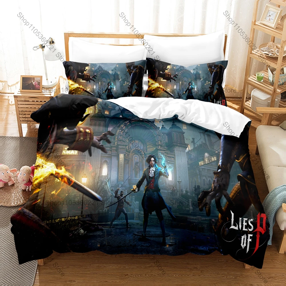 Cool Creepy Puppet Frenzy Boss Battle Graphic Lies Of P Game Bedding Set Duvet Cover With 2 Pillowcases Gothic Geek Bedroom Deco