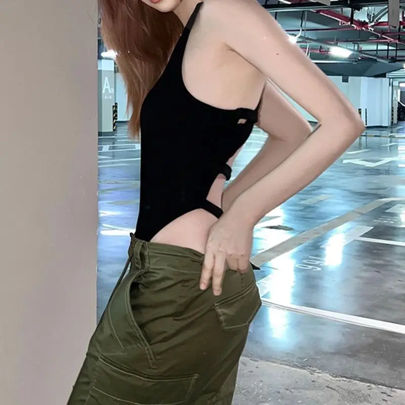 Women's Black Halter Bodysuit-Cross Back Strap & Side Cutout Design, Slim Fit Sexy Street Style Sleeveless Top for Spring Summer
