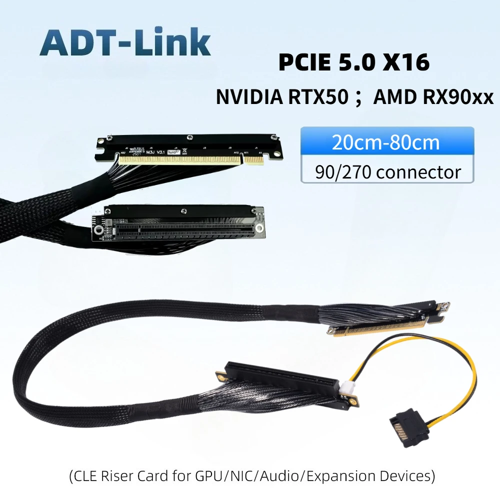 PCIe 5.0 X16 GPU Riser 270 Degree Left/Right Angle Extension Cable 512Gbps 60CM 80CM Custom Gen5- NVIDIA RTX 50 Series AMD RX 90