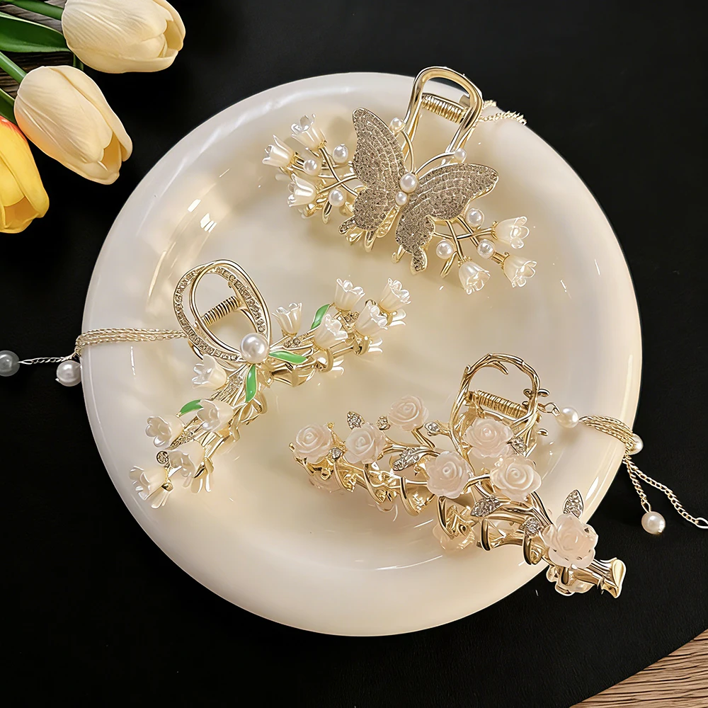 1pc Lily of the Valley Butterfly Tassel Hair Clip Women Large Size High-End Style Shark Clip Chinese Traditional Qipao Headwear