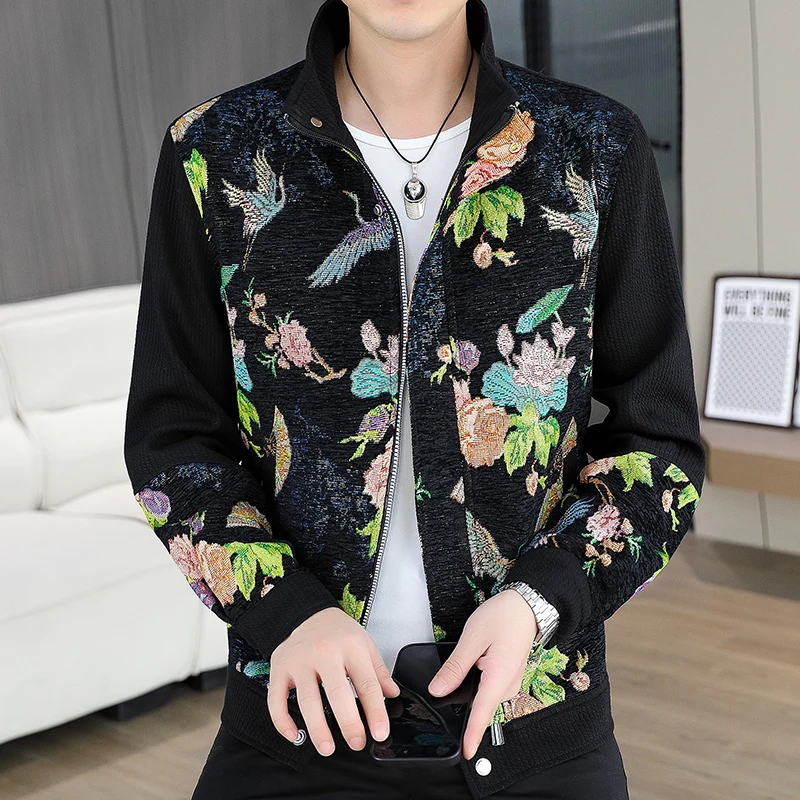 

Осенне-зимняя мужская жаккардовая куртка из синели, модная тканая лоскутная повседневная куртка с воротником-стойкой, деловая ветровка, пальто