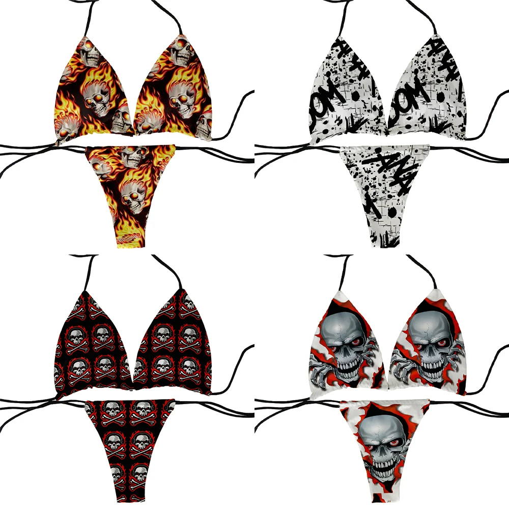 Women's Skull Print Bikini Set, Low Waist, Backless, Lace-Up Swimsuit, Two-Piece Suit with Chest Pad, Beach Party, Hot Sale