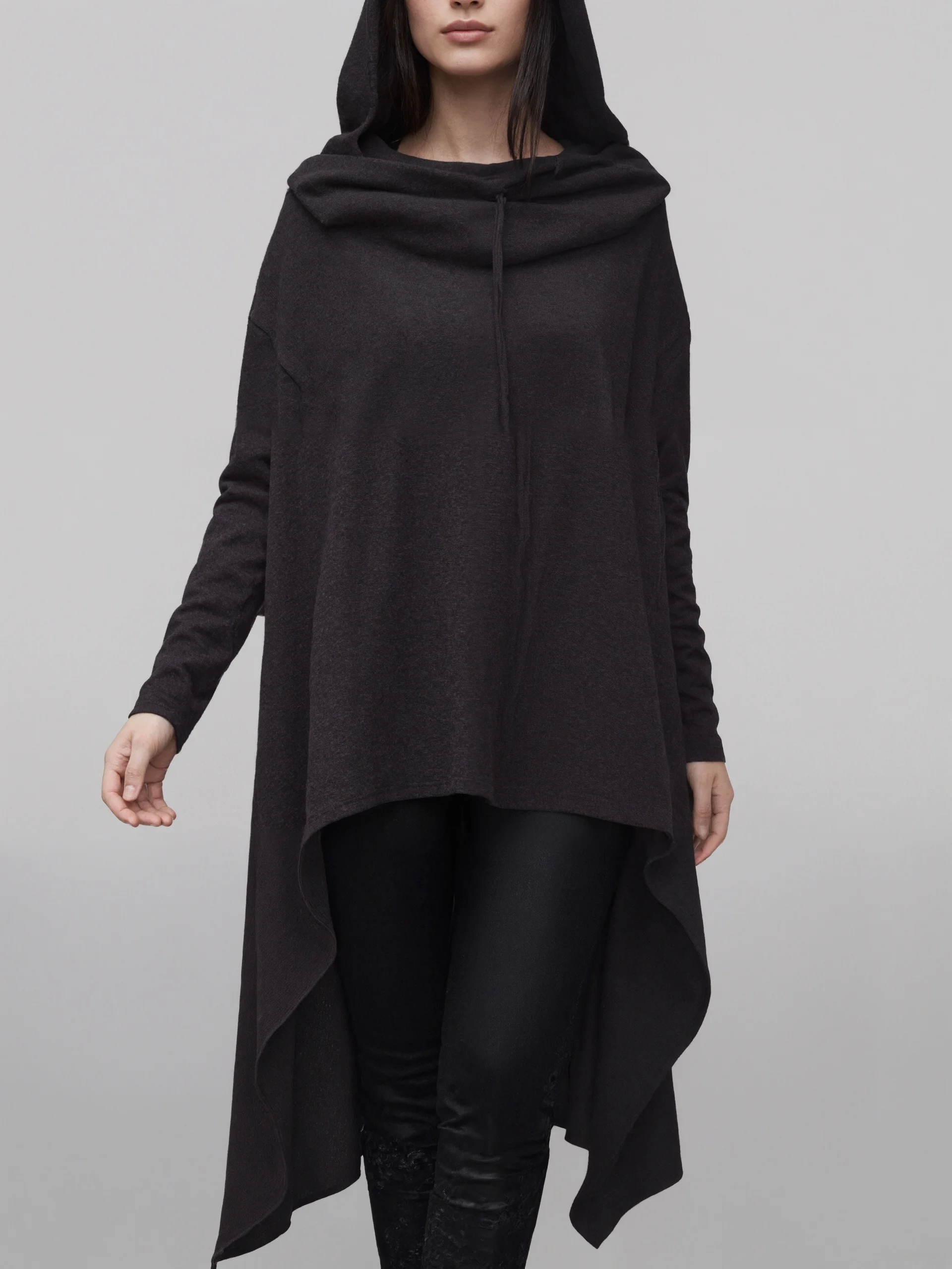 Women's Black Asymmetric Hooded Coat, Loose Long Sleeve Irregular Hem Casual Goth Streetwear Jacket