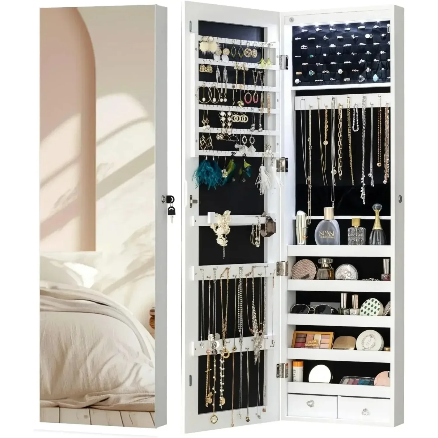 Mirror Jewelry Cabinet Armoire 47.2-Inch Large 6 LEDs Jewelry Organizer Mirror Full Length with Storage, Door-Hanging/Wall White