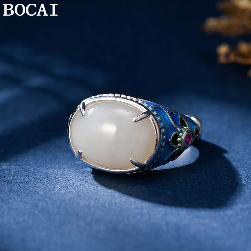 BOCAI New S925 Sterling Silver Rings for Women New Fashion Jade Enamel Ethnic Style Flower Adjustable Size Jewelry Wholesale