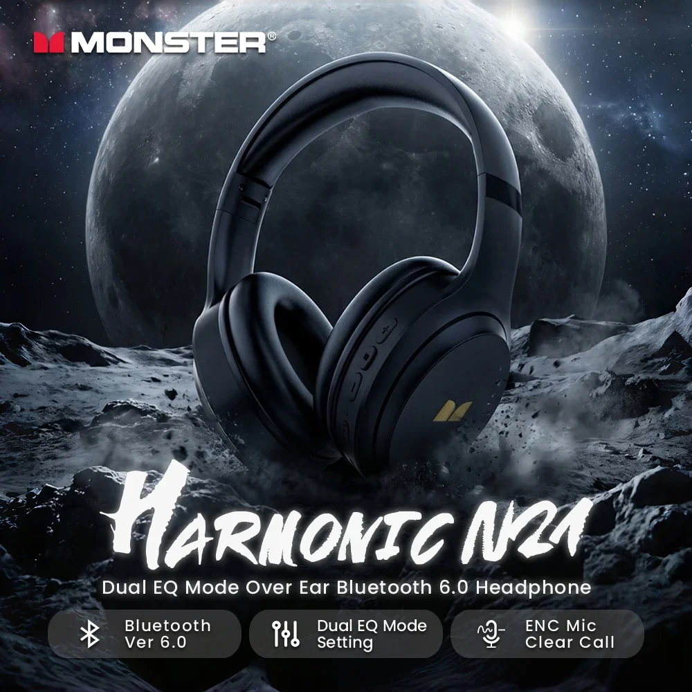 Monster Harmonic N21 Bluetooth 6.0 Headphones Dual EQ Mode Immersive Stereo Earphone Over-Ear Wire/Wireless Headset with Mic
