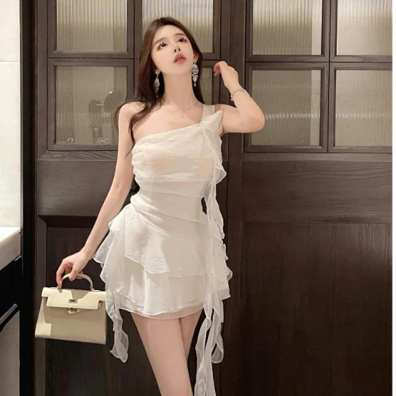 

Summer New White Crossbody Ribbon Chiffon Sling Dress Waist-Tight Fairy Cake Dress with Flowers