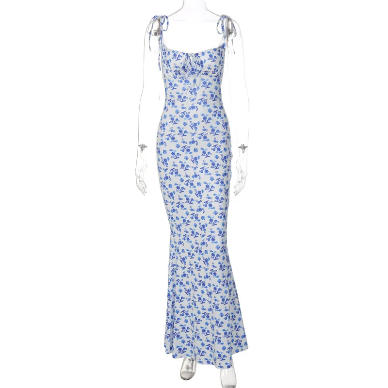 FibSlip-Robe Maxi Froncée à Fleurs pour Femme, Bandage Découpé, Batterie d'Été, Mode Élégante, Sexy, Soirée, Club, Y2K