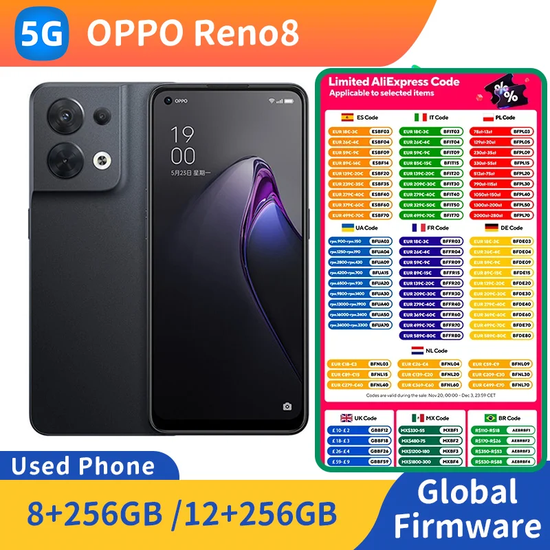 هاتف OPPO Reno 8 5G RAM 12GB ROM 256GB 6.43 بوصة 2400x1080px 50MP 4500mAh مستعمل