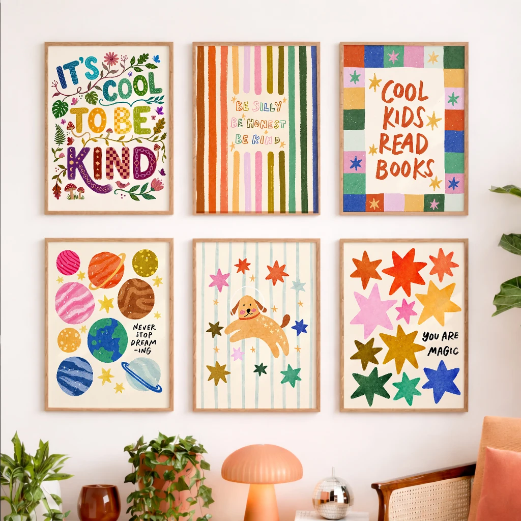 Set of 6 Kids Reading Kind Cool Read Books Planets Puppy Stars Magic Modern Decorative Canvas Poster Wall Art Prints Home Decor