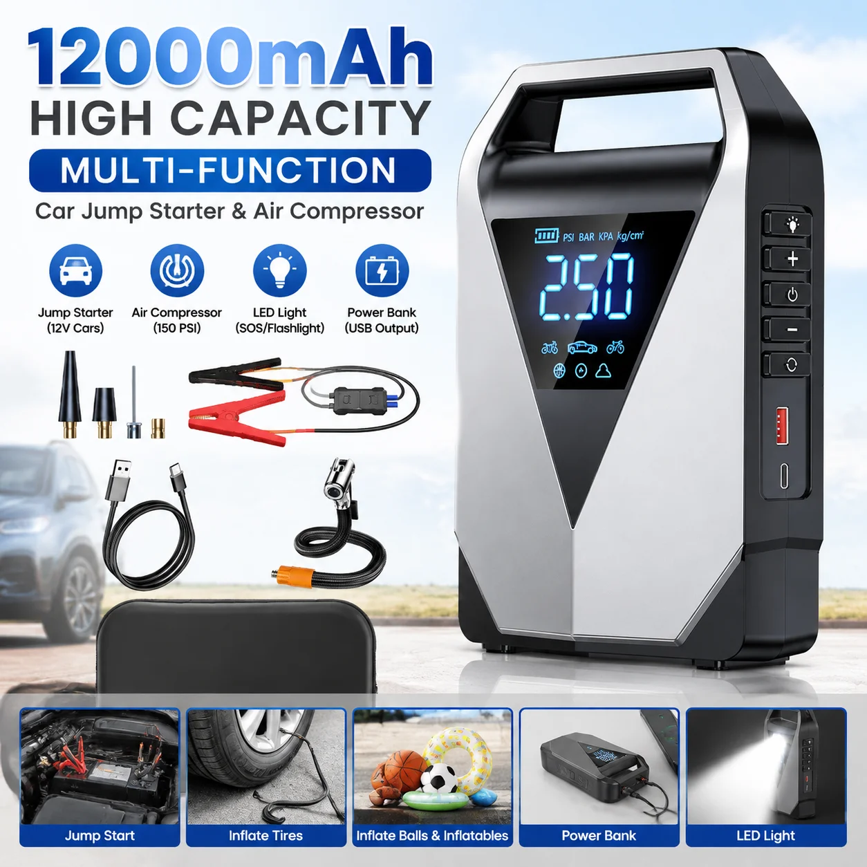 12000mAh High Capacity Multi-Function Car Jump Starter & Air Compressor, Emergency Battery Booster for Gas&Diesel Cars