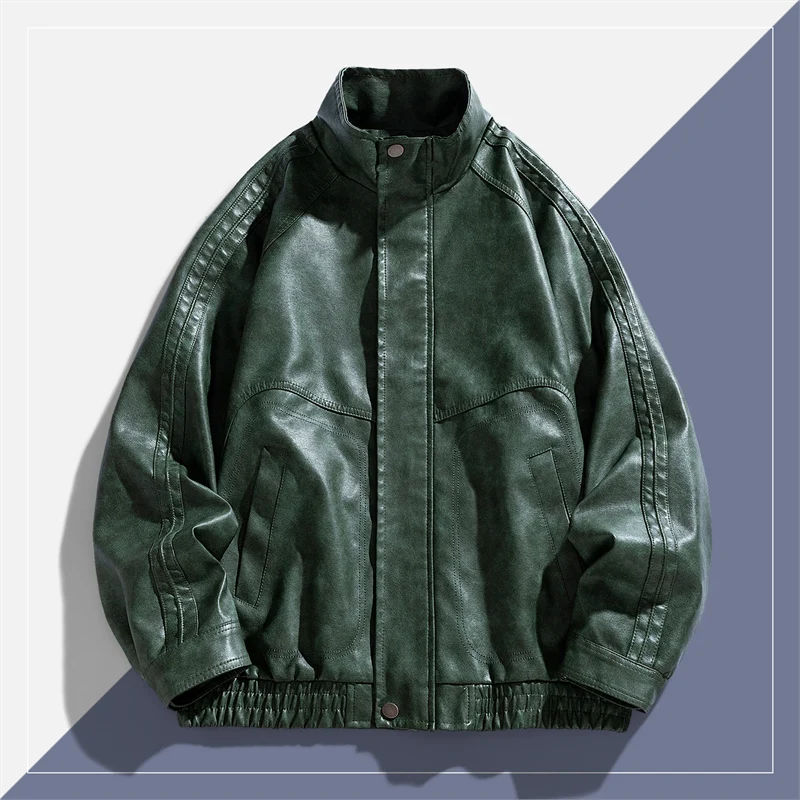 

Spring and Autum Classic Striped Raglan Sleeves Men's Pu Leather Jacket High Quality Trendyy Pure Color Versatile Jacket
