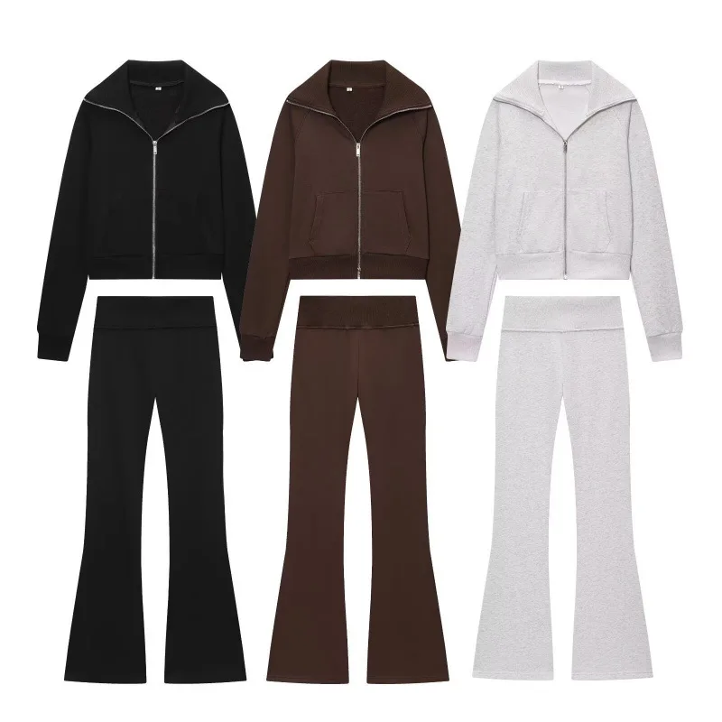Setelan Jaket dan Celana Panjang Resleting Depan Model Musim Gugur Awal untuk Wanita, Pakaian Olahraga Kasual