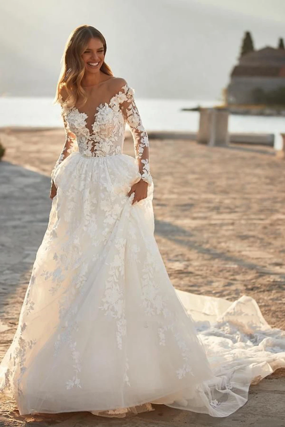 Msikoods princesa boho vestidos de casamento 2023 elegante manga longa sem costas applique renda vestido de noiva vestido de noiva robe de mariee