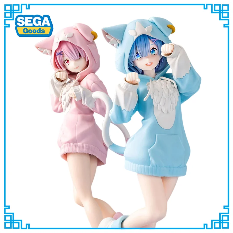 SEGA Re:Zero Starting Life in Another World Rem Ram Figura con Sudadera con Capucha Versión Parka Juguetes Coleccionables de Anime, Adornos Decorativos para Escritorio