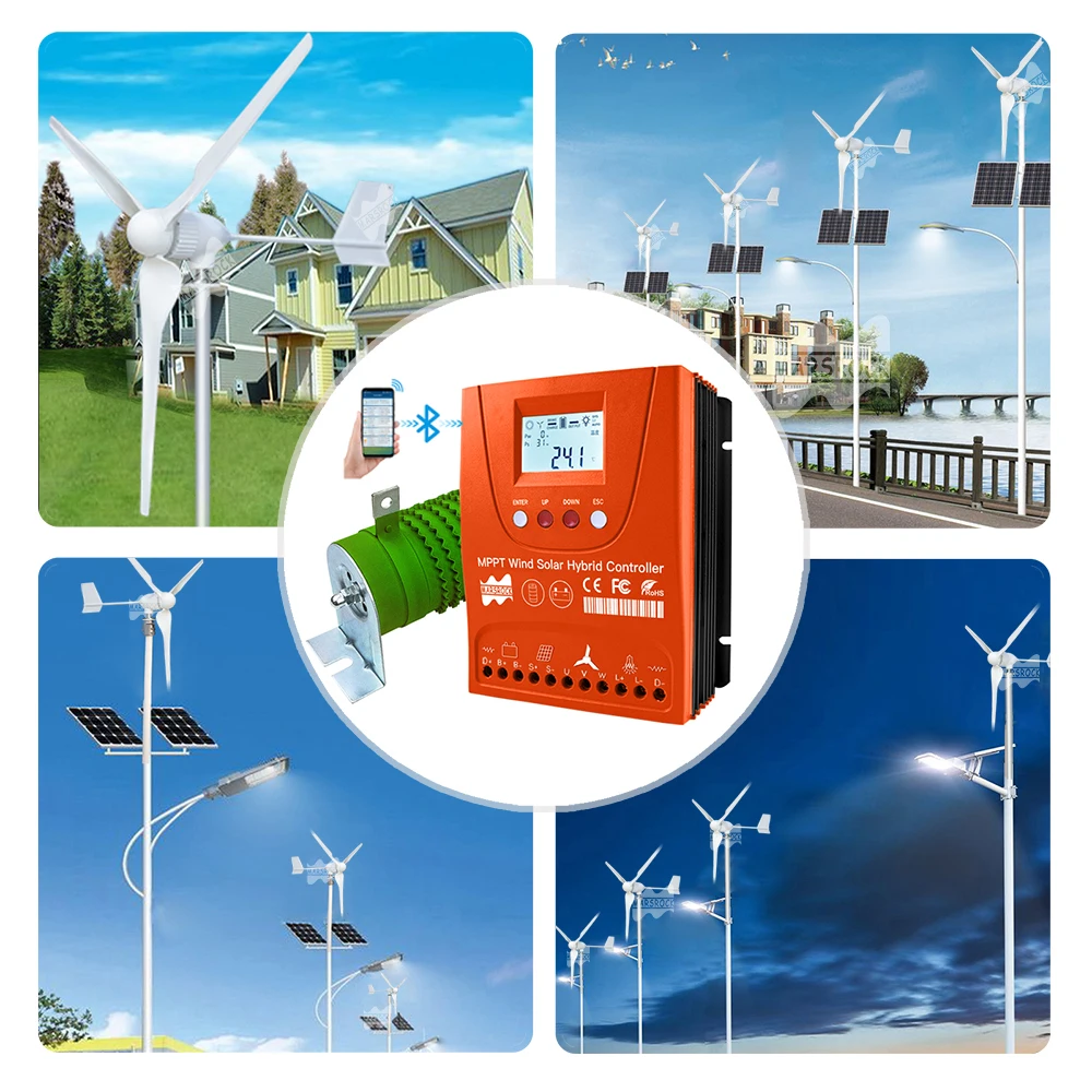 Power 1000W 24V48V Wind Turbine Generator With Bluetooth Model Solar and Wind Hybrid Controller Include Lightning Protection Box