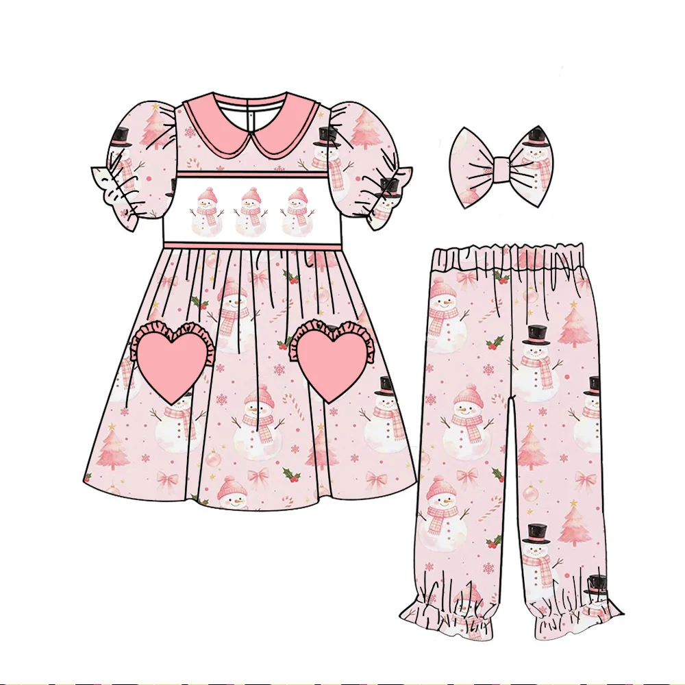 Hot Sale Boutique Girls' Sets Lapel Short Sleeved and Long Trousers Love Pocket Christmas series Print Custom