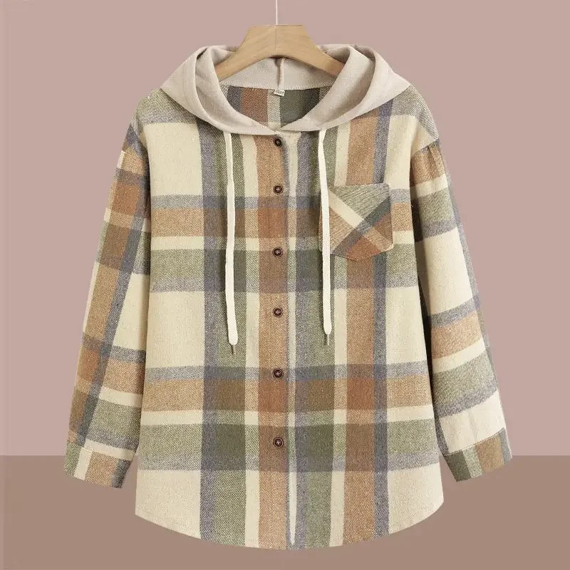 Casual Hooded Jacket for Women Spring and Autumn Hair Plaid Shirt Top Middle-aged Mother Spring Clothes Loose Large Size