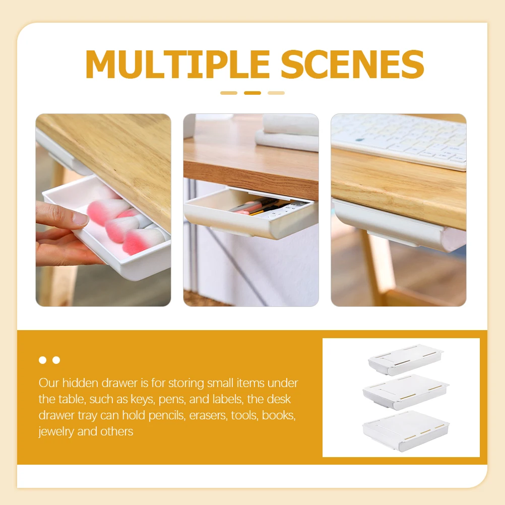 

3Pcs Under Desk Storage Organizer Hidden Tray Self-Adhesive Drawer for Office Supplies and Jewelry Self-Adhesive Drawer