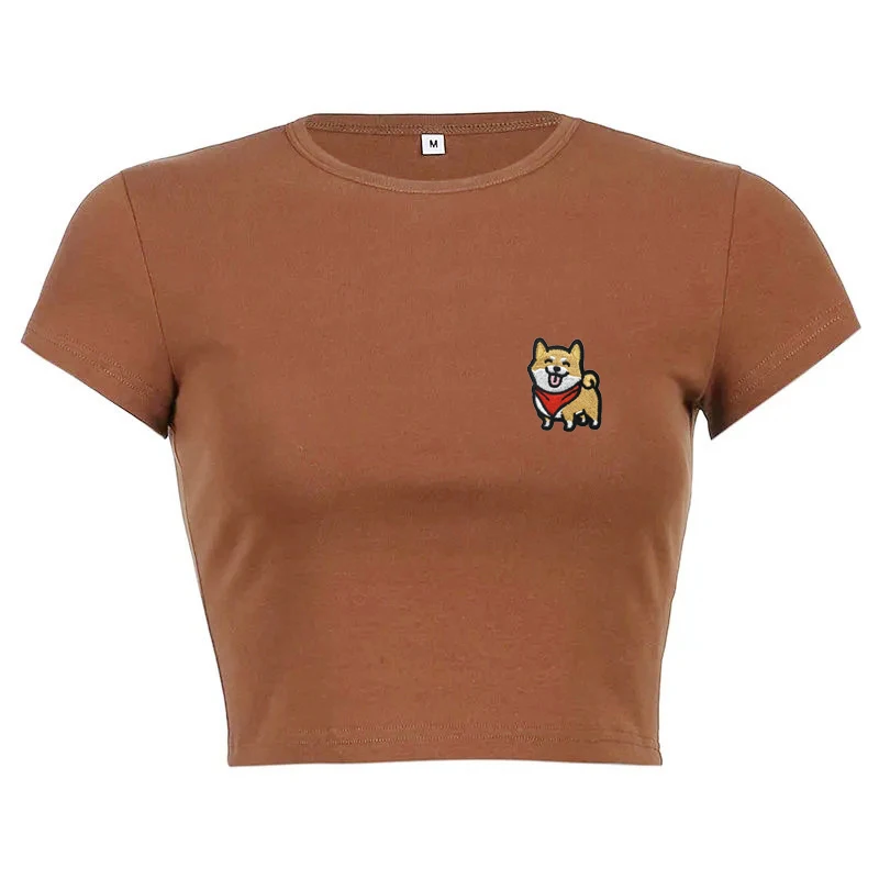 Camiseta bordada de cachorro Y2k para mujer, camisetas ajustadas con gráficos, moda coreana, Harajuku Street, camisetas cortas hermosas de manga corta en verano