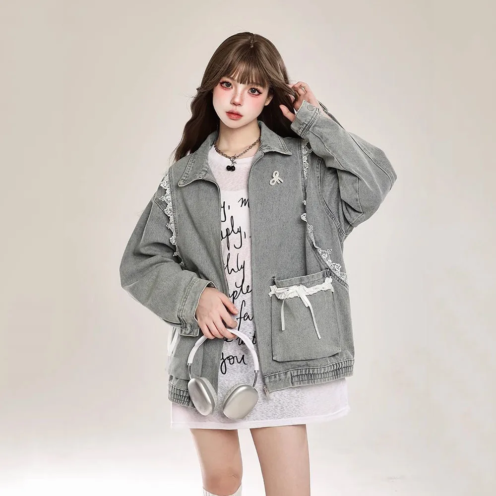 2024 Spring Autumn New Retro Bow Lace Stitched Denim Coat For Women Loose Lapel Blue Long Sleeve Jean Jackets Roupas Femininas