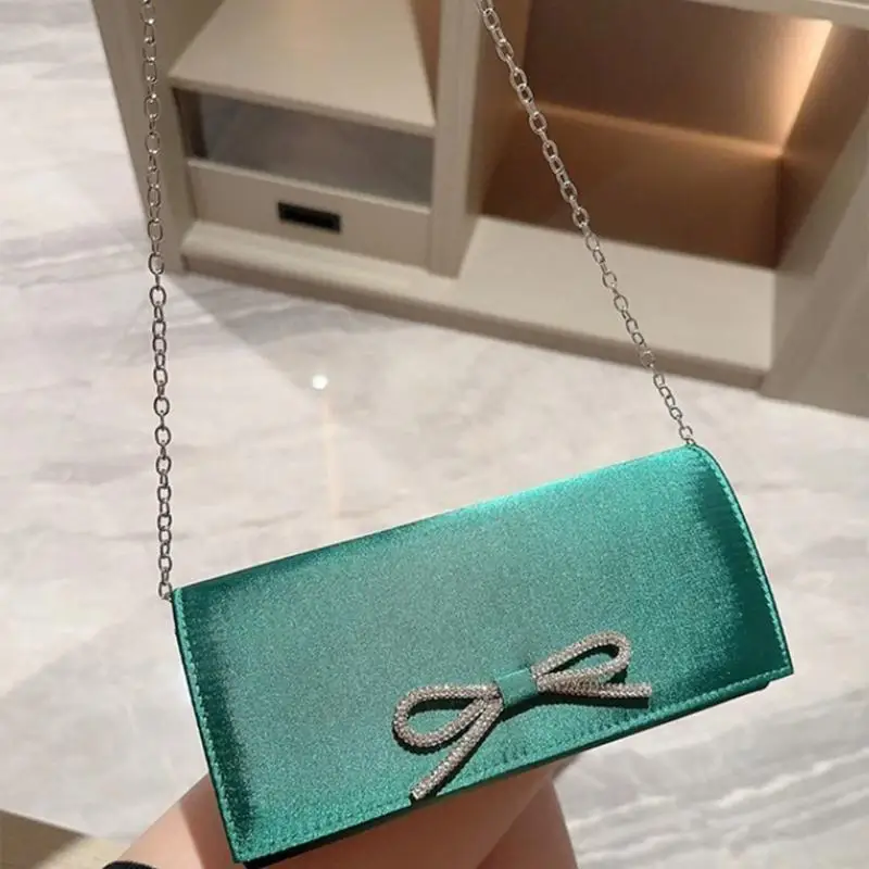 

X90D Fashion Silky Evening Bag with Detachable Chain Crossbody Handbag Rhinestones Bowknot Parties Purse for Formal Functions