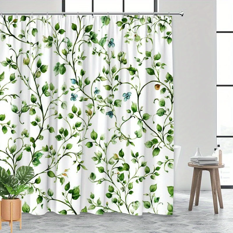 

1 шт., занавеска для душа с акварельными зелеными лозами и синими цветами — полиэфирная ткань, которую можно стирать в машине, подходит для украшения ванной комнаты
