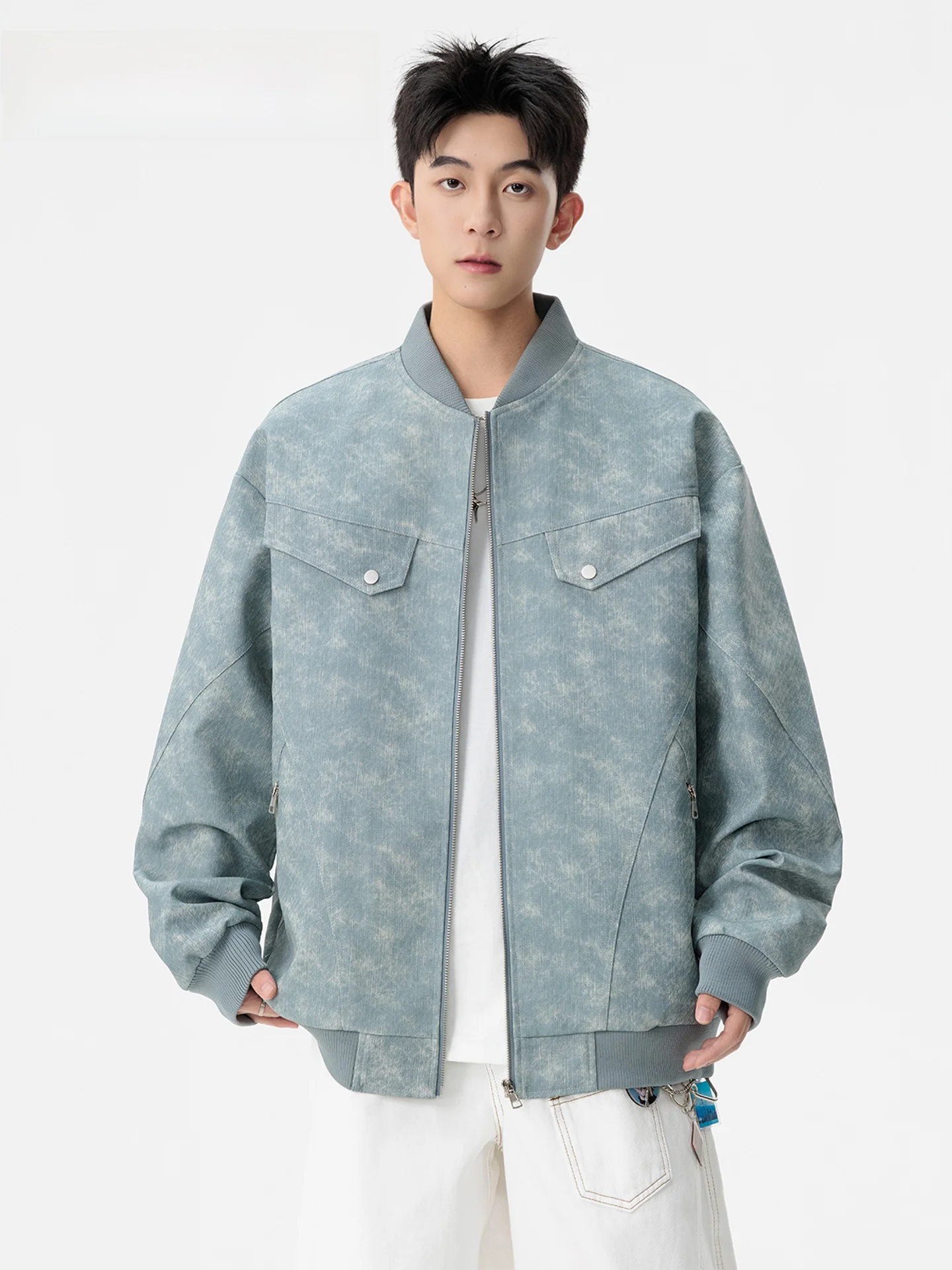 

JOKARJONNY American Sle Tie Dye PU Leather Jaet Men's Loose Baseball Collar Motorcycle Clothes Jaet for Autumn