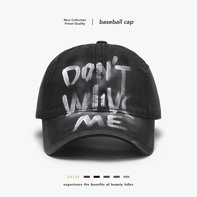 American Retro Spray‑Print Letter Baseball Cap, Trendy Washed Soft Crown Peaked Cap, Versatile Sun Shade Hat for Outdoor Travel