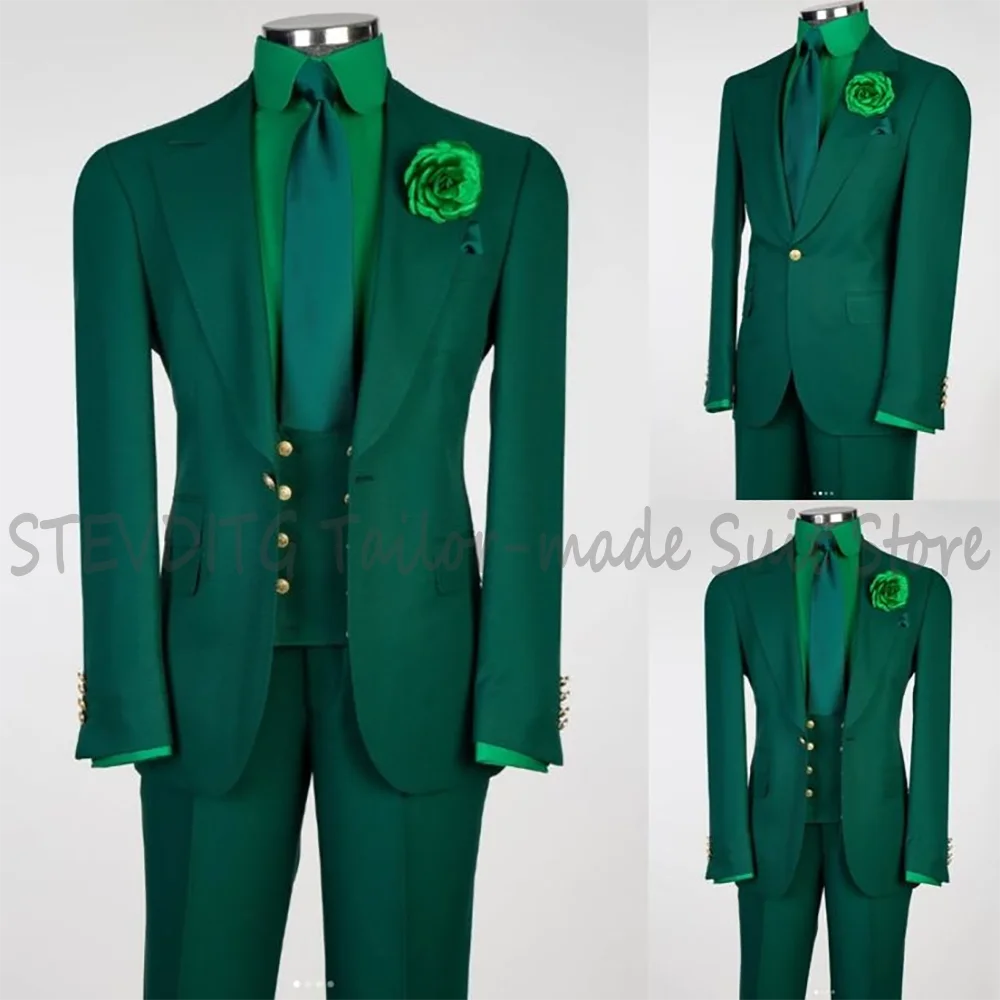 Green Peaked Lapel Men's Suit Three Piece Set Slim Fit Single Button Formal Outfit for Wedding Groom Business Meeting Office