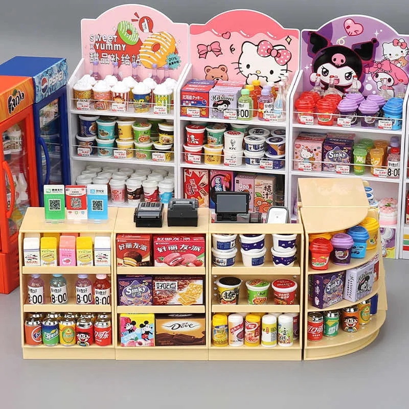 Mini cajero para niños, estantes de supermercado, pequeñas botellas de productos básicos, caja registradora de simulación en miniatura, casa de juegos, juguetes, regalos