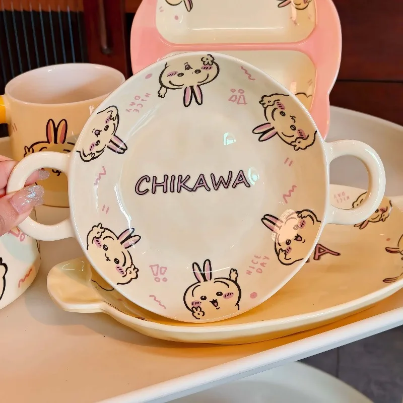 Chiikawa Usagi Kawaii Anime Cartoon Ins Style Cream Instant Noodle Bowl Ceramic with Lid Dormitory Rice Bowl Ceramic Exquisite