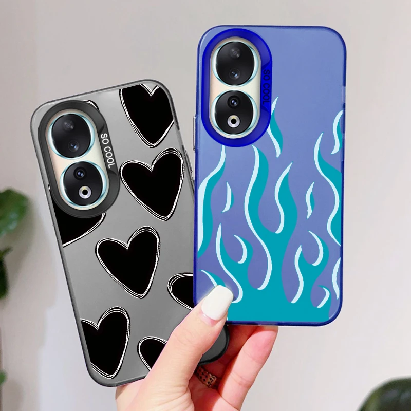 Luxury Love Heart Case For Honor 90 Shockproof Soft Bumper Hard IMD Back Cover Fundas For Honor90 Shell Fashion Flame Fire Capa