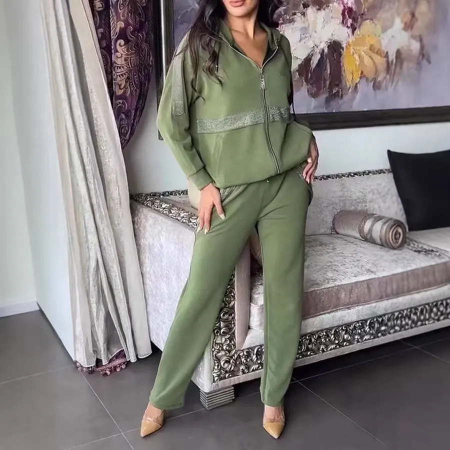 

2025 Spring New Fashion Pocket Casual Patchwork Women's Clothing Solid Color Hooded Sweater Trousers Two-piece Set