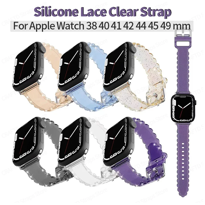 

Clear Silicone Strap for Apple Watch Serie 7 Correa 45mm 40mm 49 42 41 44mm Transparent Lace Bracelet for iWatch 8 Se 6 5 4 Band