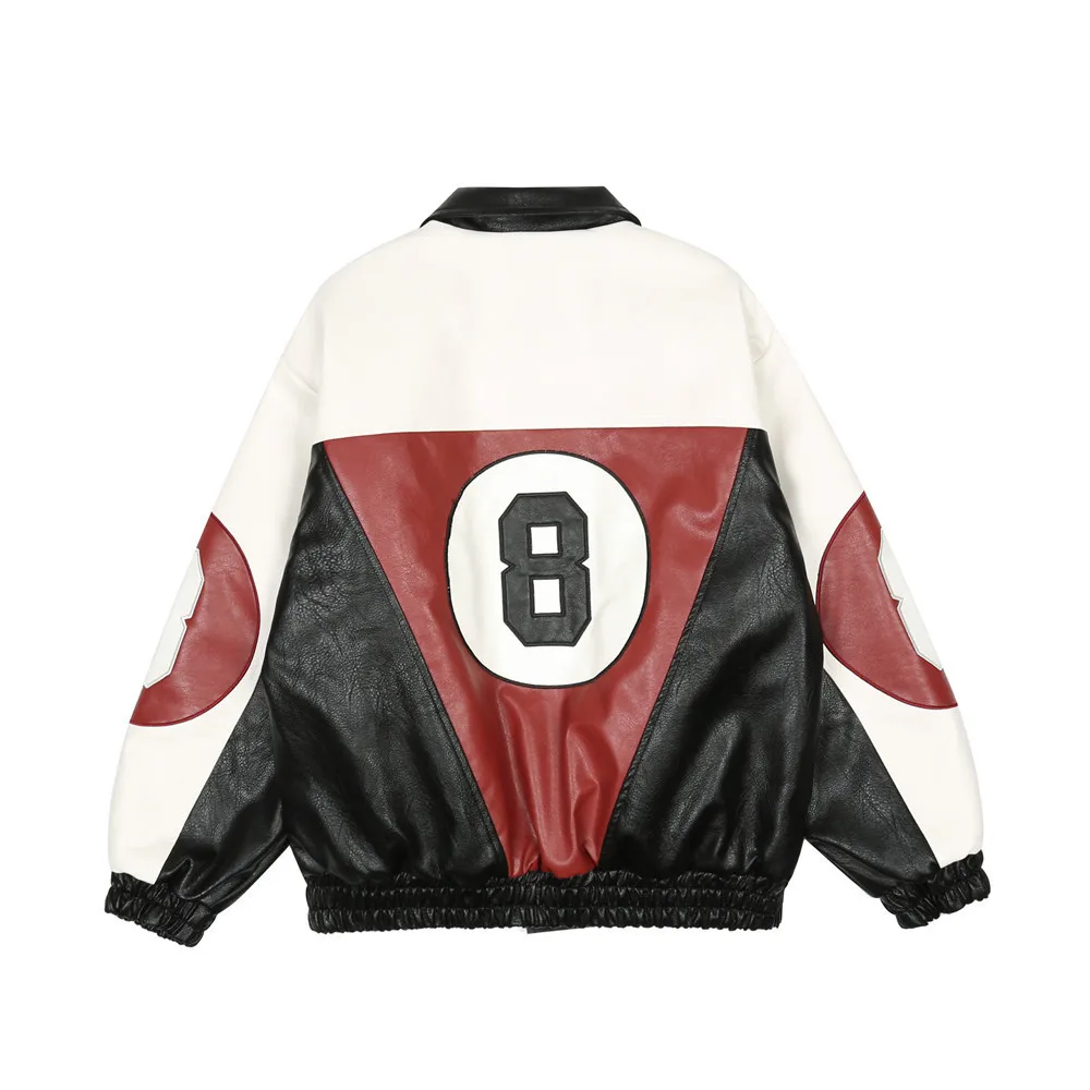 New Embroidered Letters Contrast Color PU Leather Jacket With Cotton Jacket Motorcycle Jacket Loose Thickened Baseball Jacket