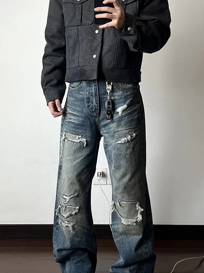 Calças Jeans Vintage Estilo Americano com Efeito Rasgado, Unissex, Estilo High Street, Corte Limpo, Soltas, Retas, Perna Larg...