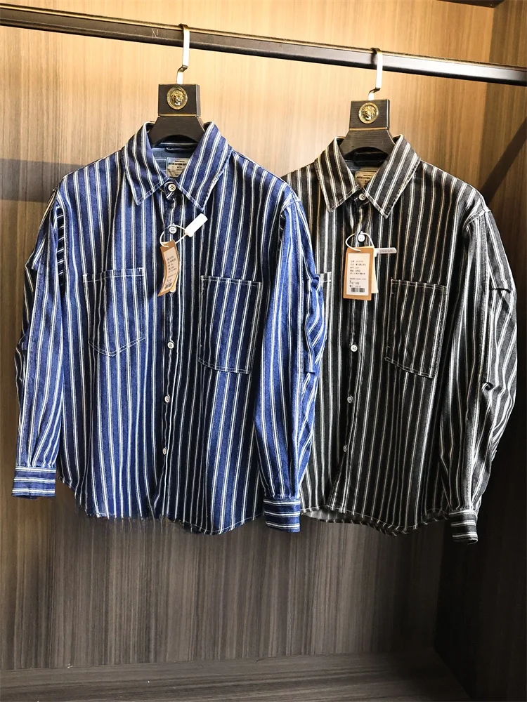 

Retro Vertical Stripes American Casual Sle Men's irt Autumn Faionable Flip Collar Long Sve Cotton Stand Fit