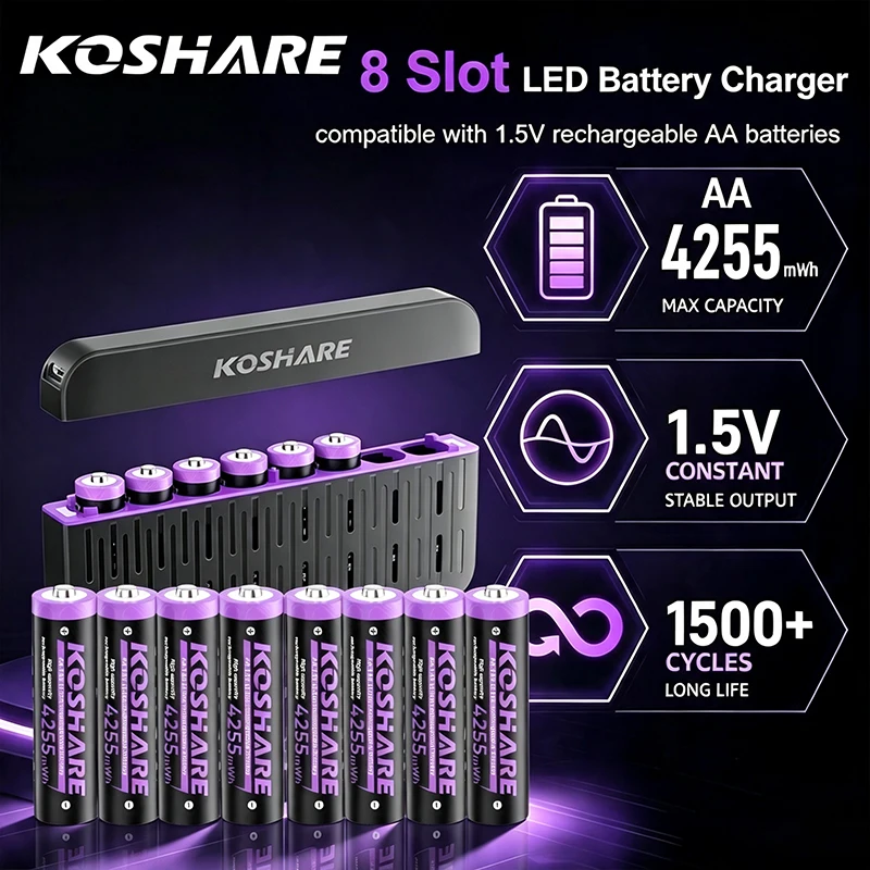 KOSHARE New 1.5V Li-ion Rechargeable Batteries AA 4255mWh For Household Remote Control With 8 Slot LED Smart Battery Charger Set