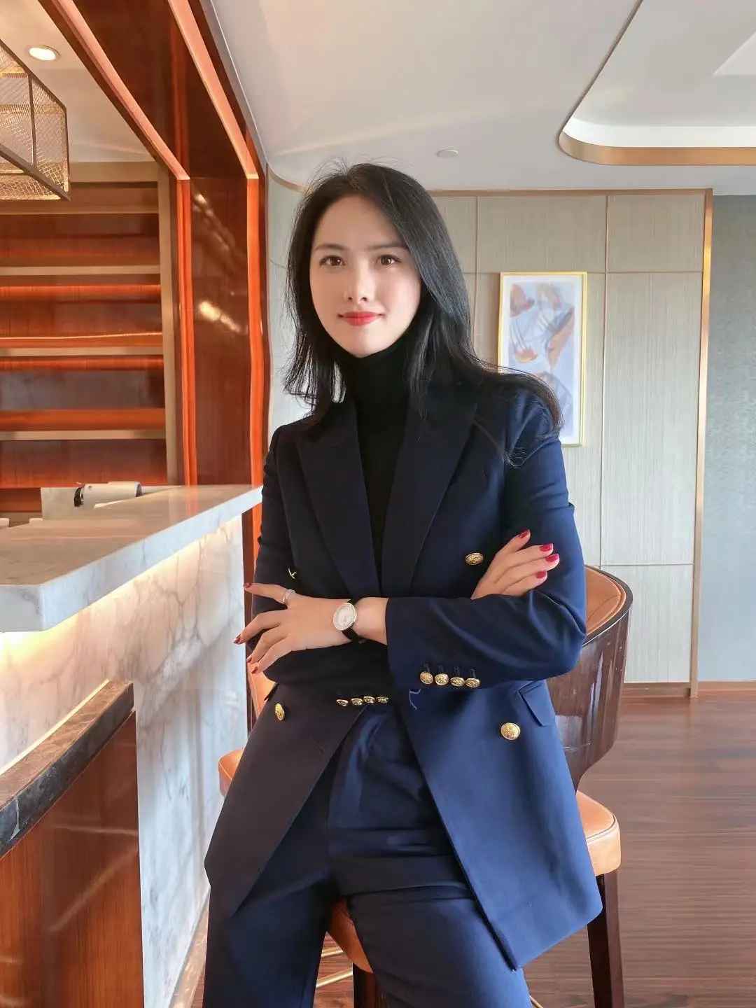 

Faionable Slim Fit Suit Pants with Metal Bule Autumn New Arrival Women's Casual Commute Workwear Polyester Fiber Suit Set