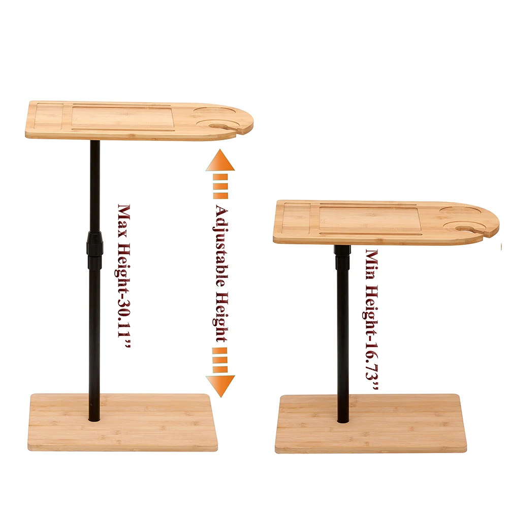 Bamboo C-Shaped Sofa Tray Table with Adjustable Height Tablet Slot and Wine Rack for Bedside Living Room Use