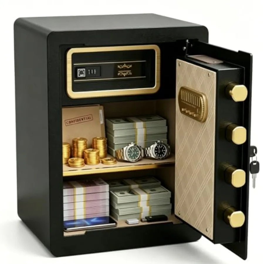 

Home use fireproof safe, steel, black, 17.5 tall with hidden lock box, programmable keypad and spare keys for money, jewelry, d