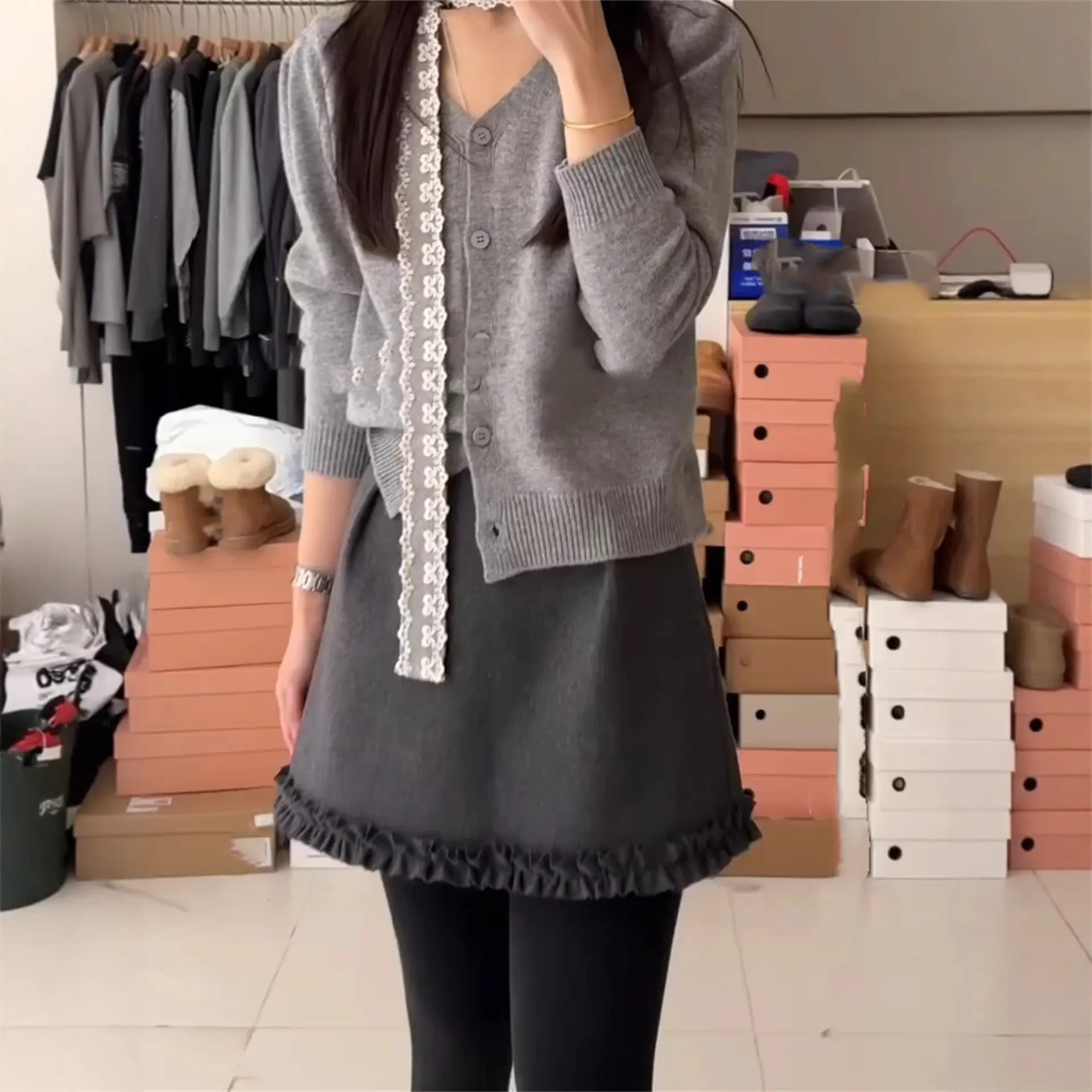 Women's Woolen  Skirt A-Line Bodycon Short Skirt Slim Fit Wood Grain  Skirt Pants Outwear Casual High Waist Zipper