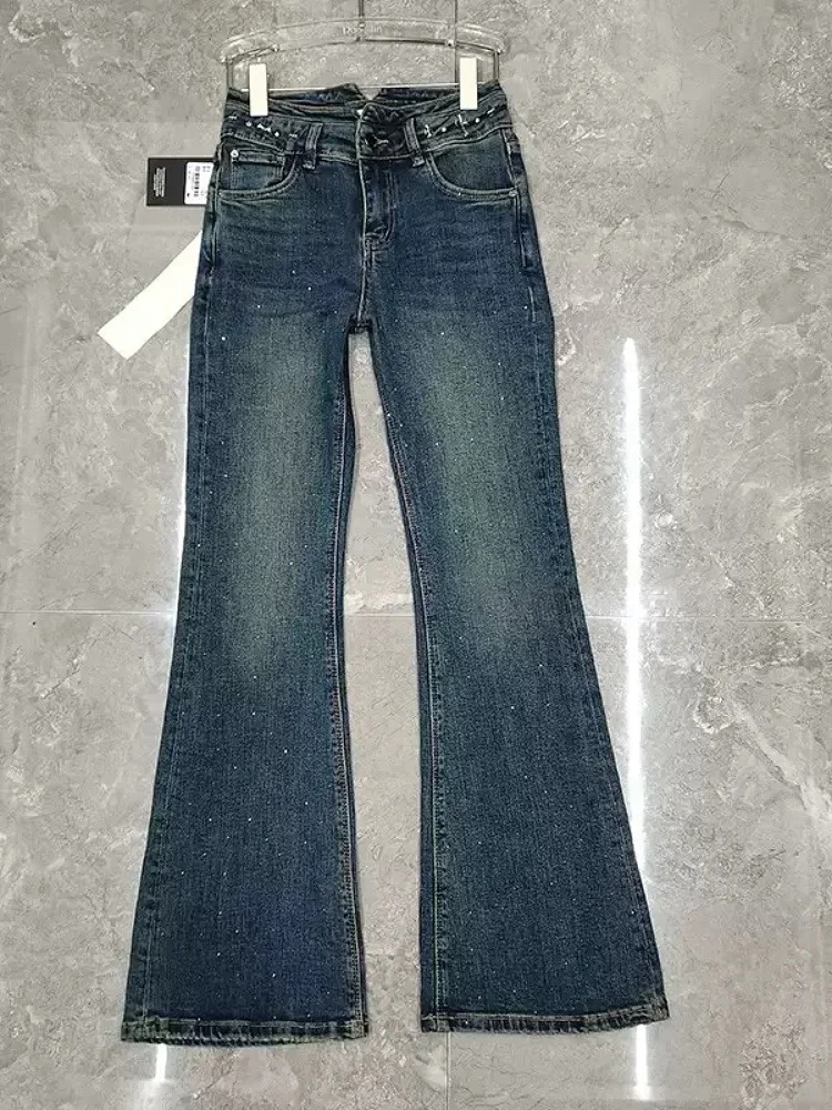 Ele Hohe Taille Denim Jeans Frühling Neue Sle Strass Abnehmen Ausgestelltes Hosen Tiefe Farbe Elastische Lange Hosen für Frauen