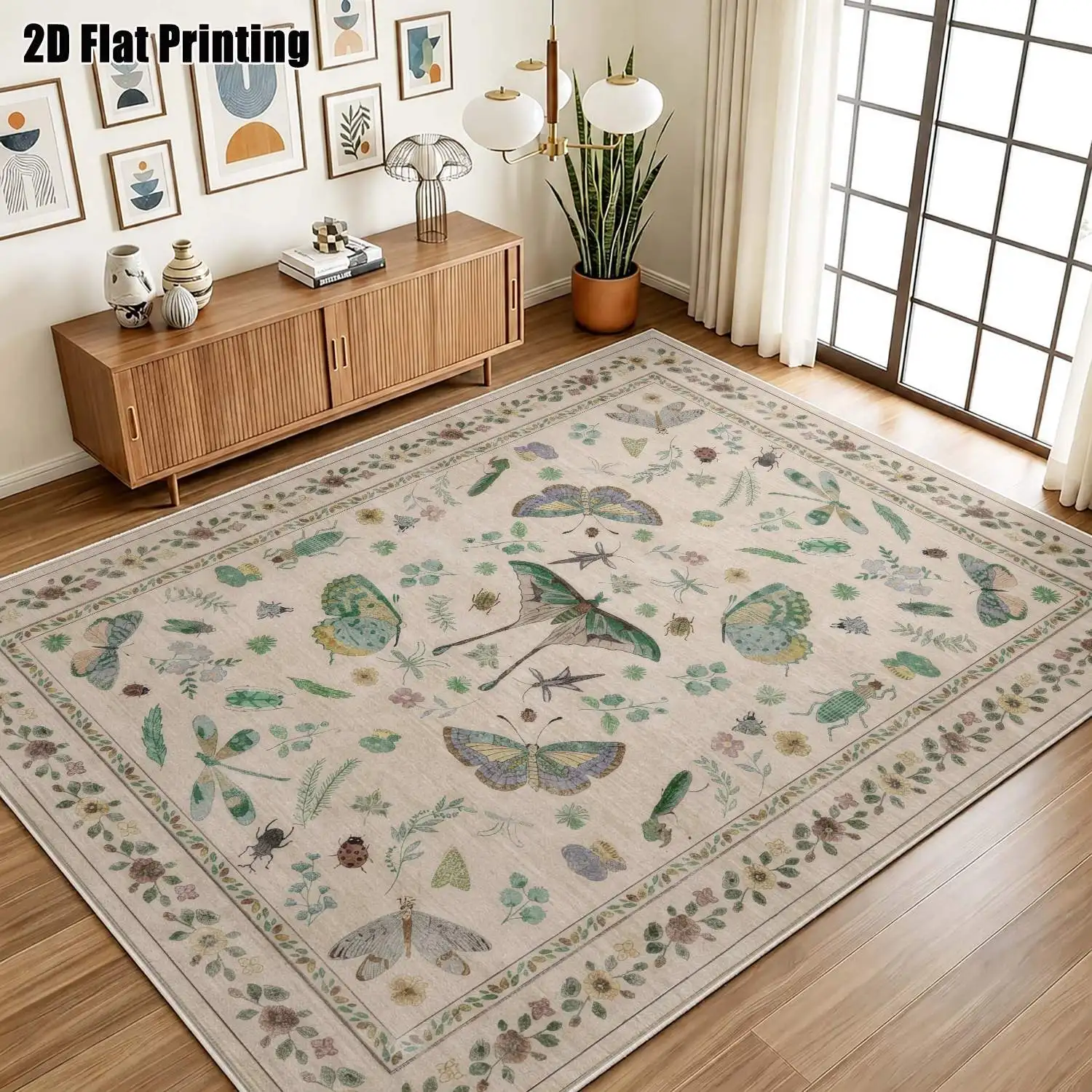 1Pc 2D Printed Velvet Carpet with Beige Butterfly, Insect, and Plant Patterns, European/Vintage/Bohemian Style, Home Decor, Multi-Size, Machine Washable, Ideal for Living Room, Bedroom, Dining Room, Entrance, Study