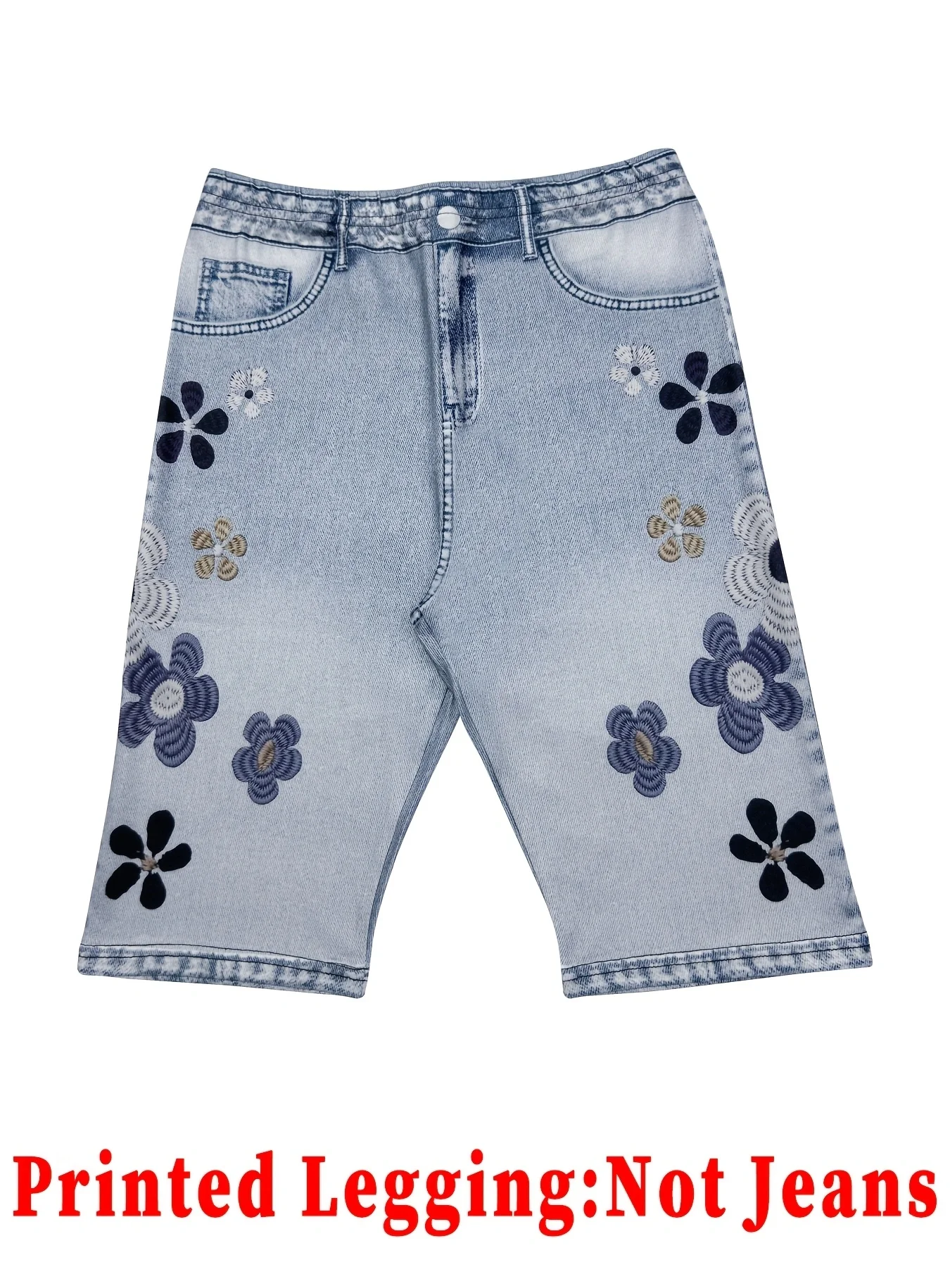 Bedruckte Leggings, nicht aus Denim, Caprihose mit aufgesetzter Tasche und Knopfdruck, hochelastische, neue, modische Skinny-Hose. – Detail 4
