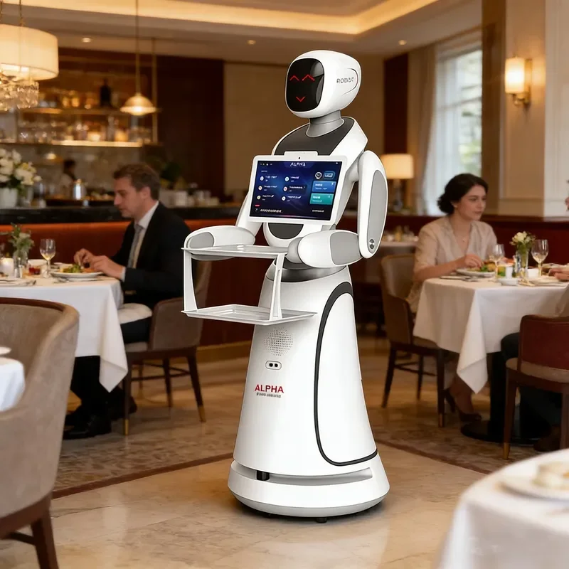 Smart Waiter Amy 2026, Autonomous Dual-Tray Food Delivery, AI Navigation, IP54, Self-Charging, Hotel Restaurant