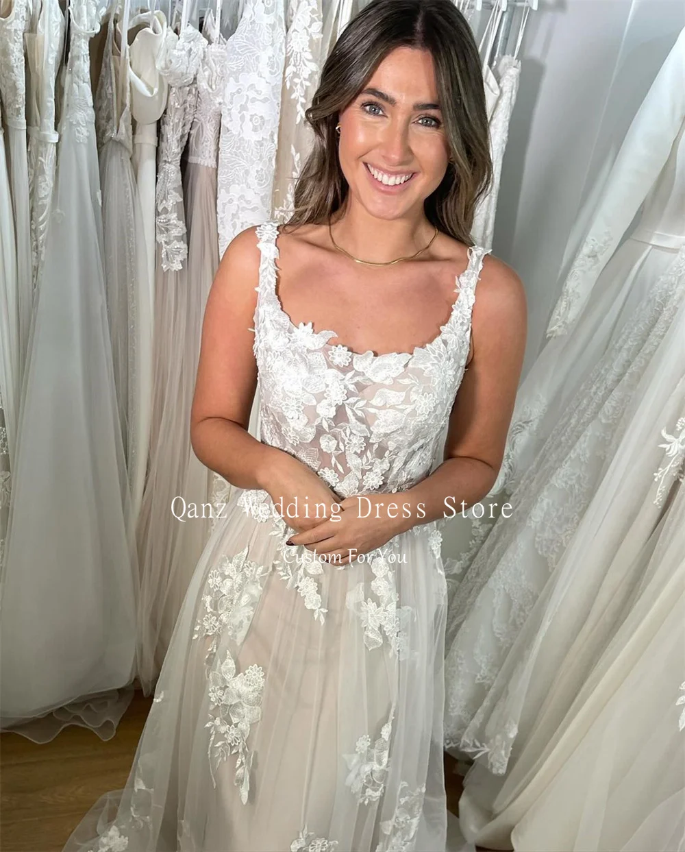 Qanz-Vestido De Novia largo con Apliques De encaje, traje bohemio con tirantes finos, Espalda descubierta, largo hasta el suelo